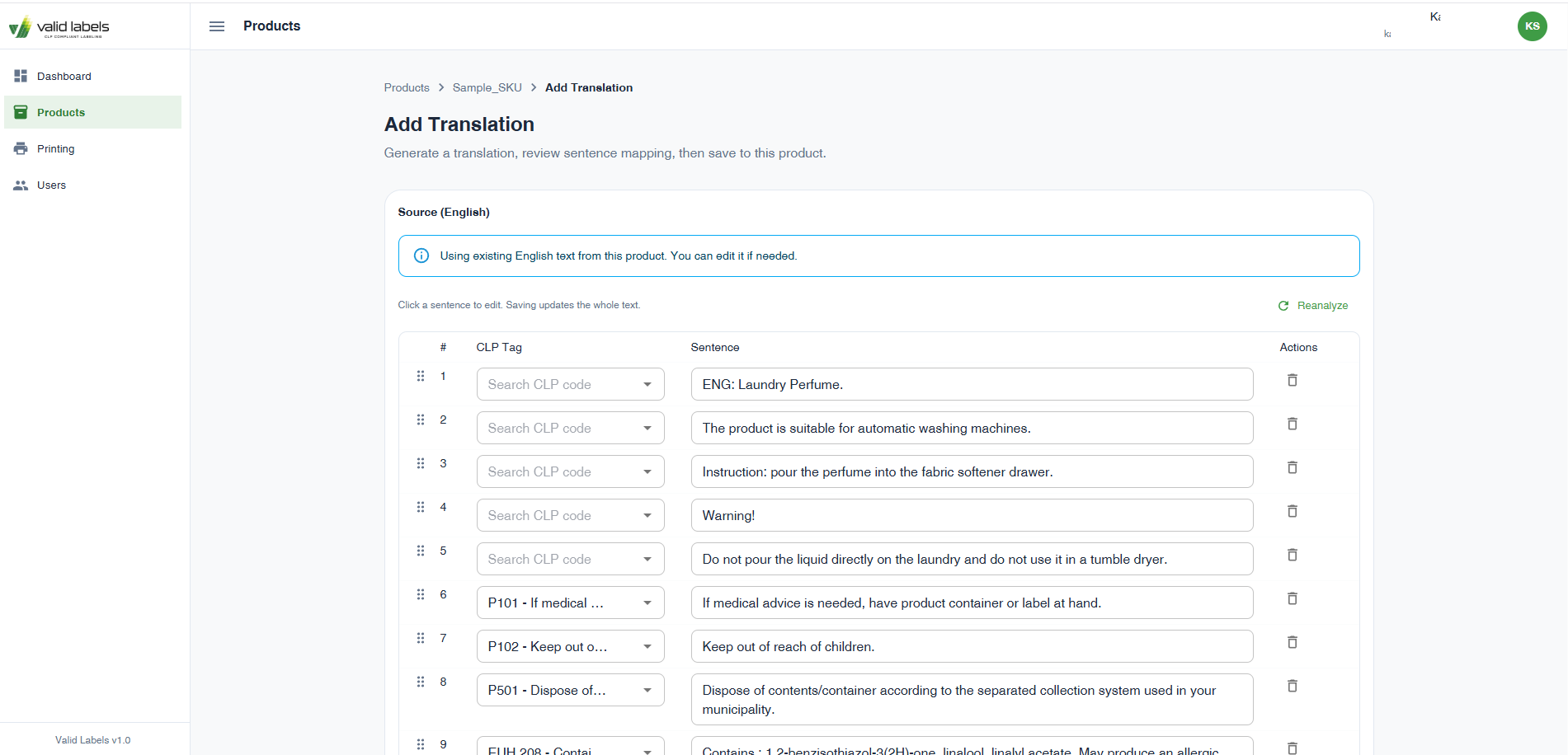 ValidLabels AI-powered Add Translation workflow — sentence-level CLP phrase mapping